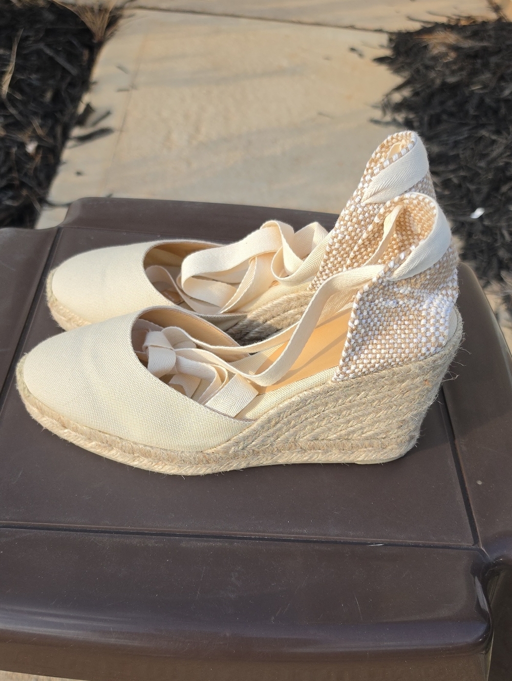 Castaner Cream Ivory Espadrille Wedge Sandals with Ankle Wrap Size 39(8)
